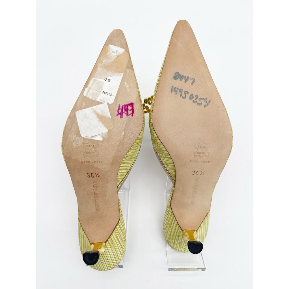 Manolo Blahnik Retro Green Striped Crystal Pointed Toe Kitten Heel Mules IT 36.5 - Picture 10 of 12